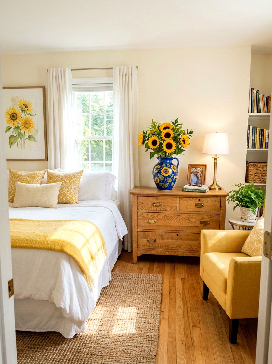 Sunflowers In Blue Pottery - 25 Spring Bedroom Vase Ideas