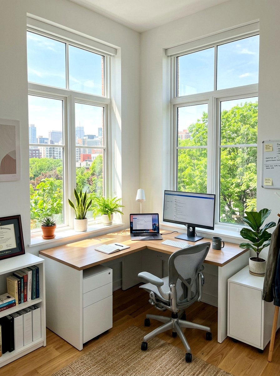 Sunlit Corner Office - 25 Spring Home Office Decor Ideas
