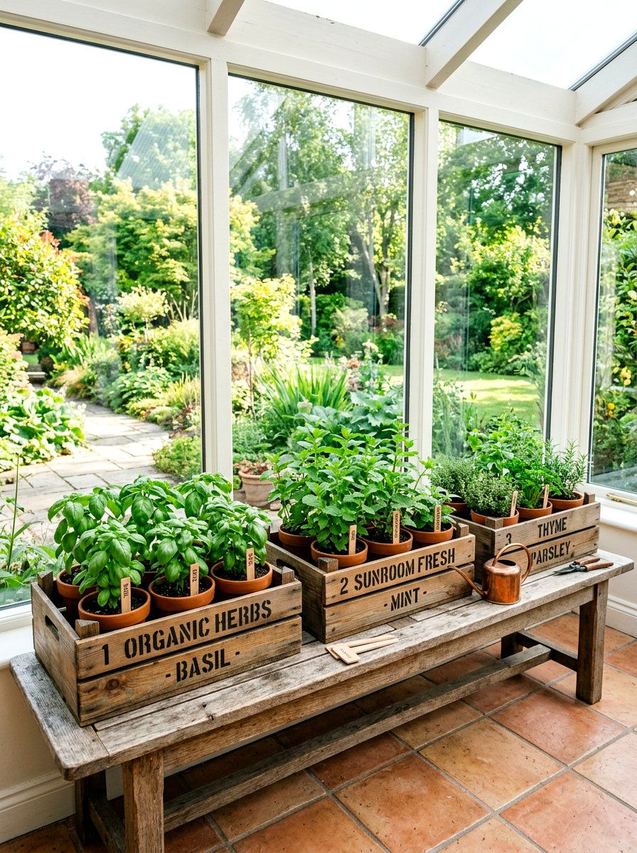 Sunroom Crate Herb Garden - 25 Spring Vintage Crate Decor Ideas