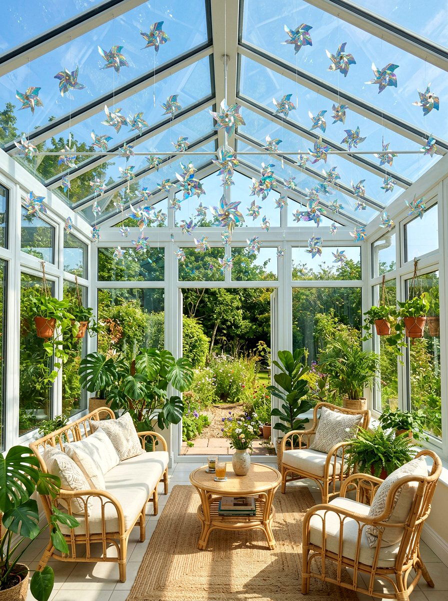 Sunroom Hanging Pinwheel Installation - 25 Spring Pinwheel Decor Ideas