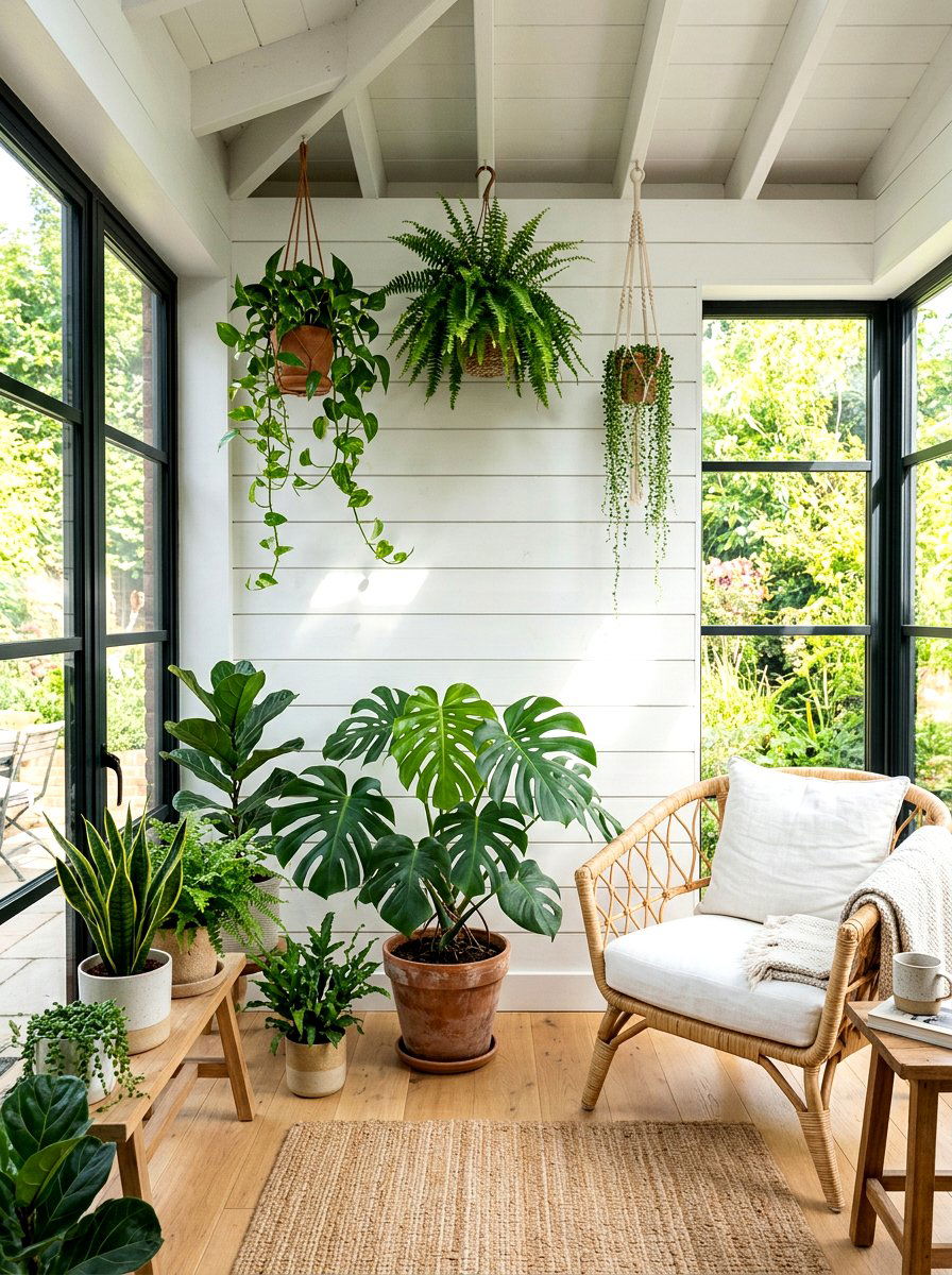 Sunroom Shiplap Wall With Potted Plants - 25 Spring Shiplap Wall Decor Ideas