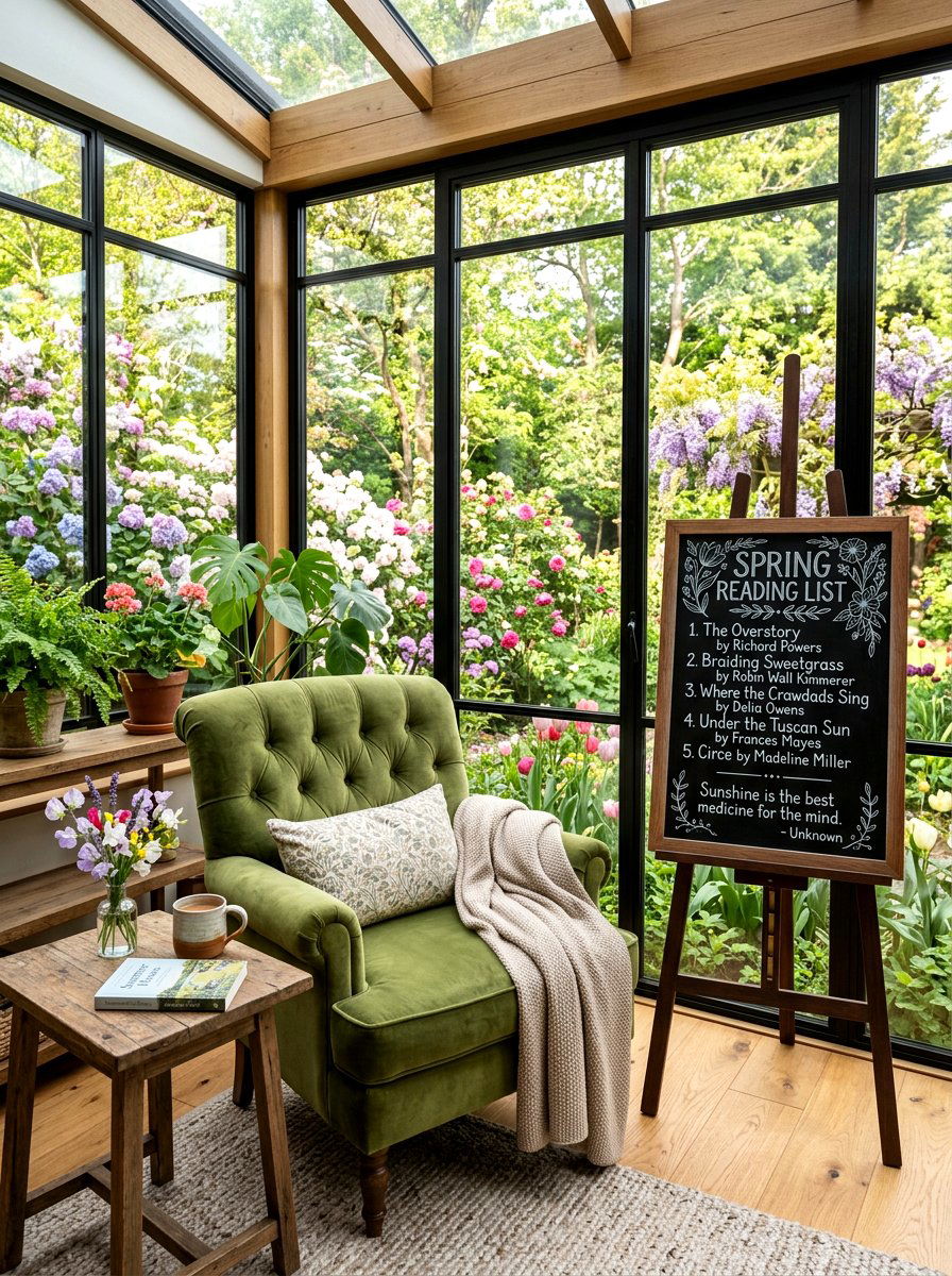 Sunroom Spring Reading Corner - 25 Spring Chalkboard Sign Ideas