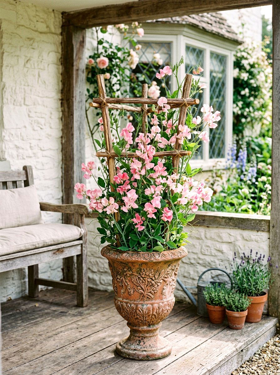 Sweet Pea And Trellis Urn - 25 Spring Urn Planter Ideas