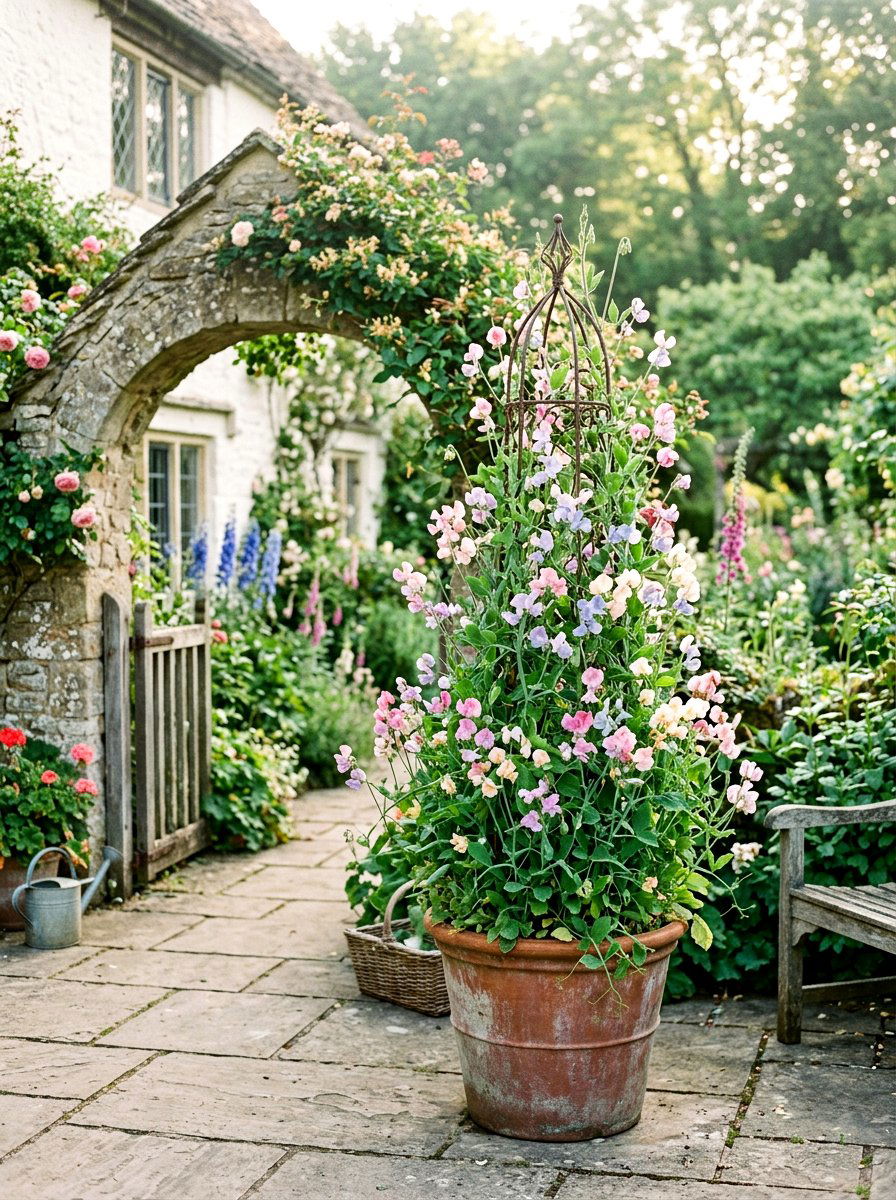 Sweet Pea Trellis Pots - 25 Spring Patio Planter Arrangement Ideas