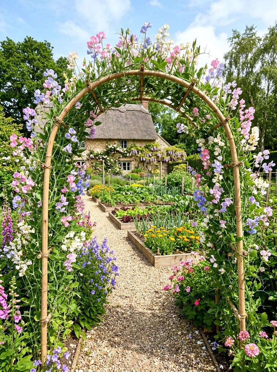 Sweet Pea Vine On Bamboo Trellis - 25 Spring Garden Arbor Decor Ideas