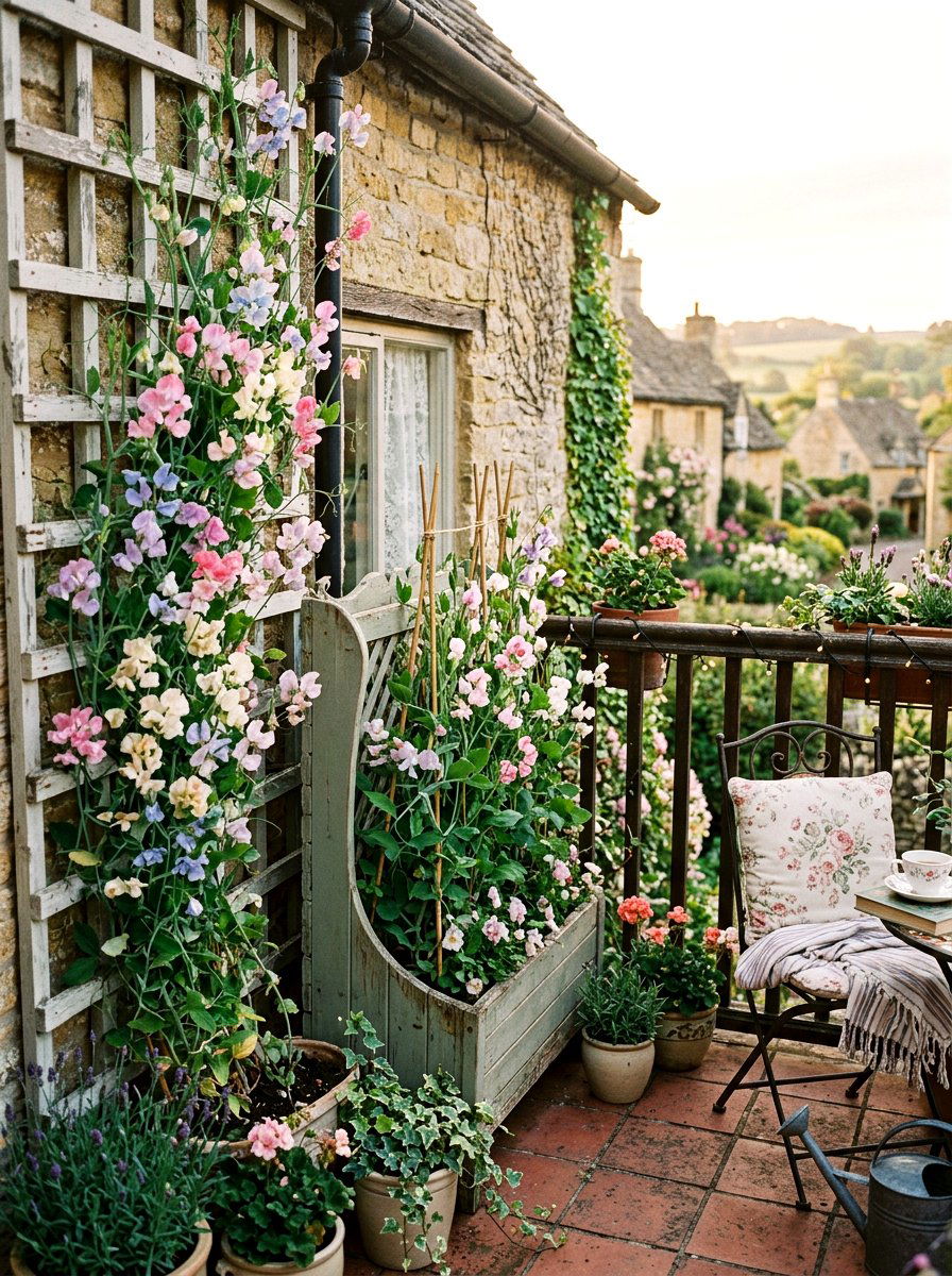 Sweet Peas On Trellis - 25 Spring Balcony Flower Box Ideas