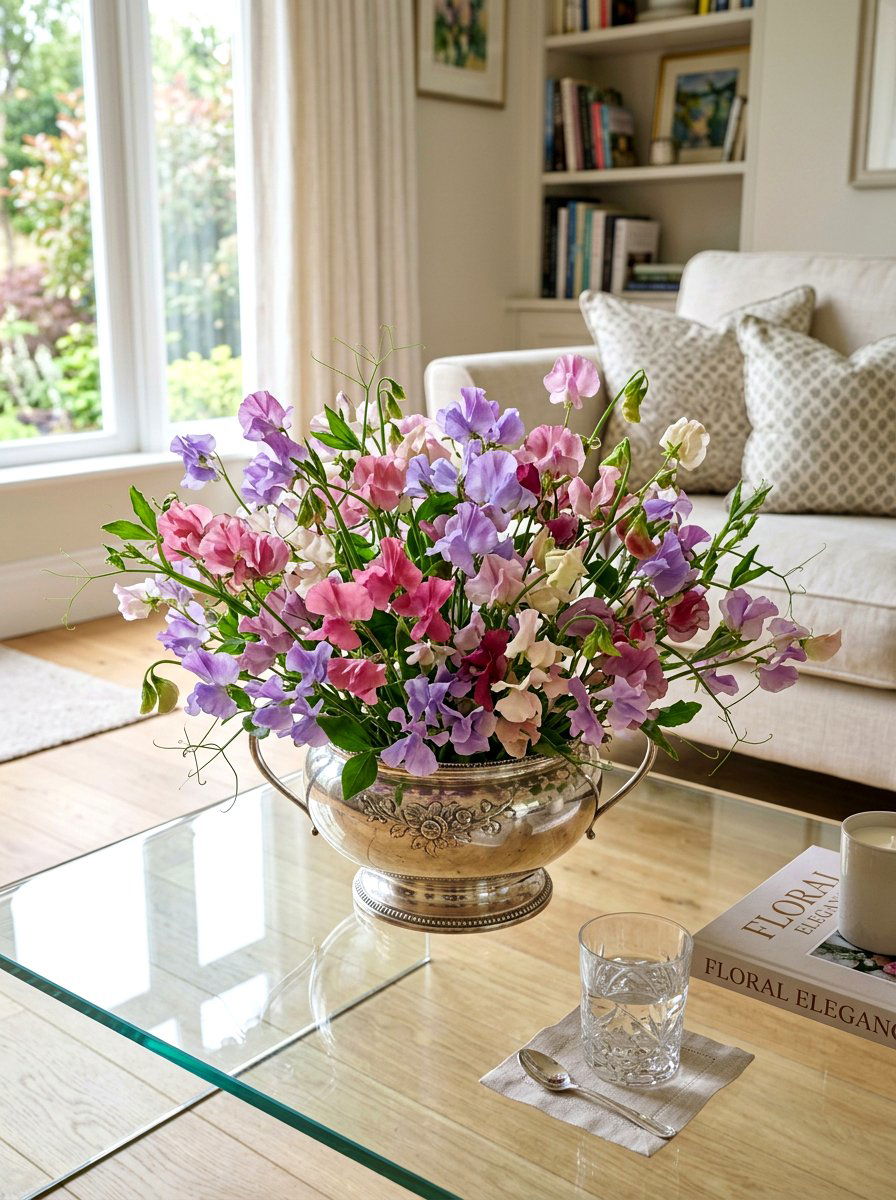 Sweet pea floral bowl - 25 Spring Faux Flower Arrangement Ideas