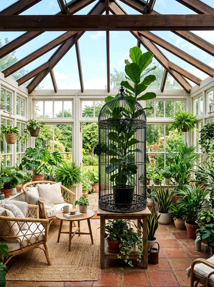 Tall Birdcage With Potted Greenery - 25 Spring Birdcage Decor Ideas