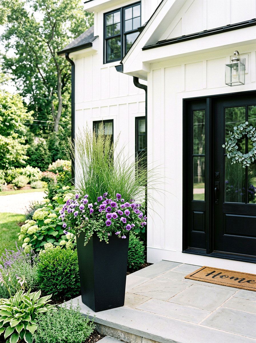 Tall Black Front Door Planter - 25 Spring Sidewalk Planter Ideas