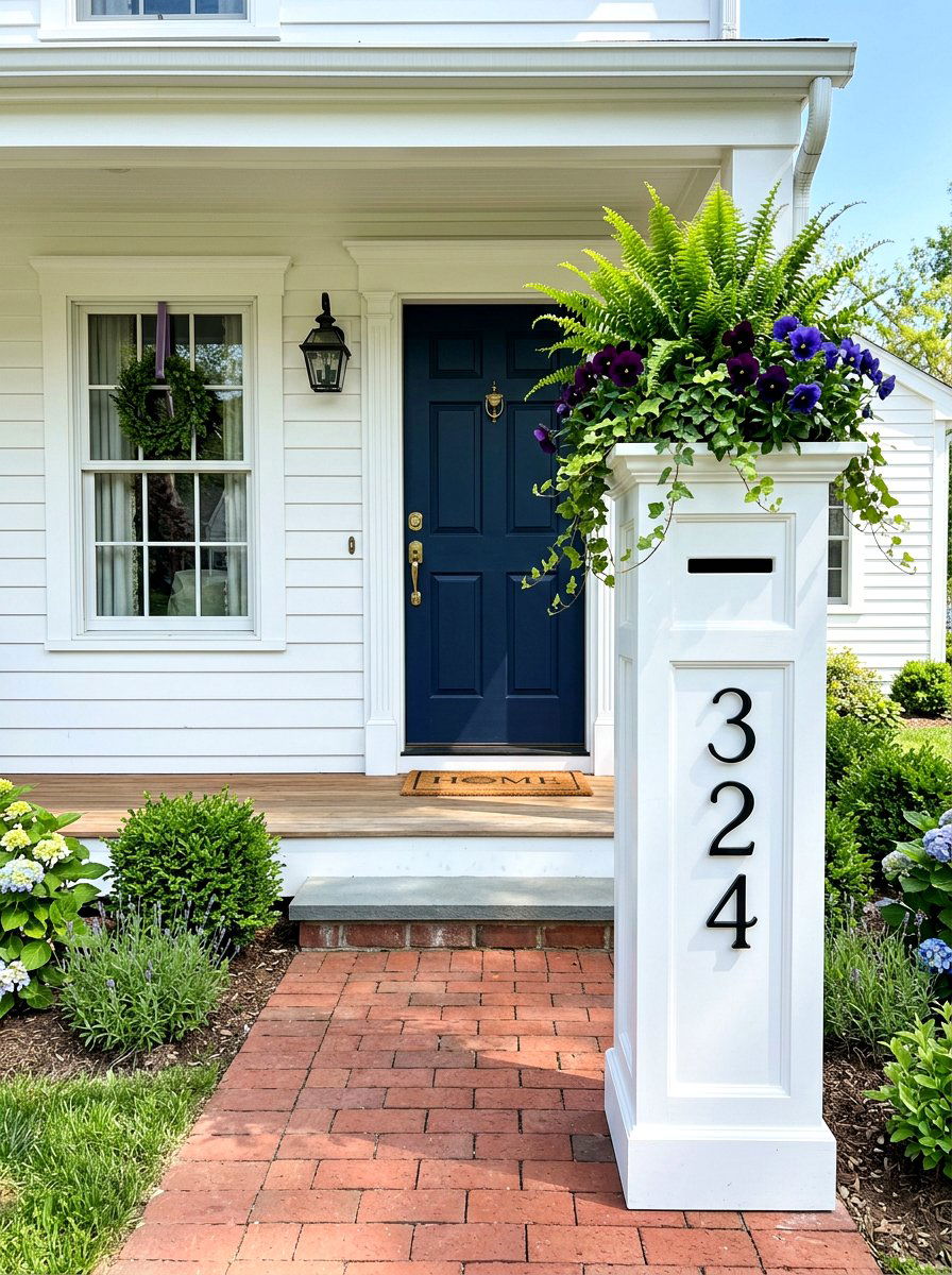 Tall White Column Porch Address Box - 25 Spring Address Planter Ideas