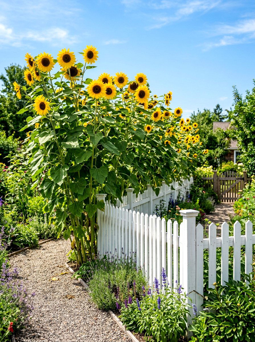 Tall sunflower fence border - 25 Spring Picket Fence Decor Ideas