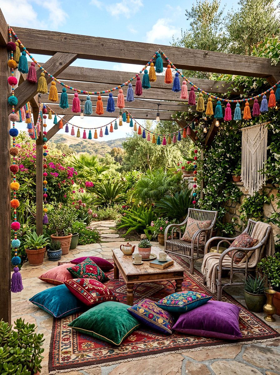 Tassel Pom Pom Garland Boho Patio - 25 Spring Pom Pom Garland Ideas