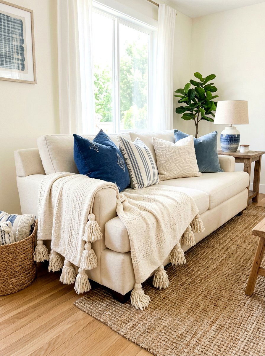 Tassel edge throw blanket styling - 25 Spring Sofa Styling Ideas