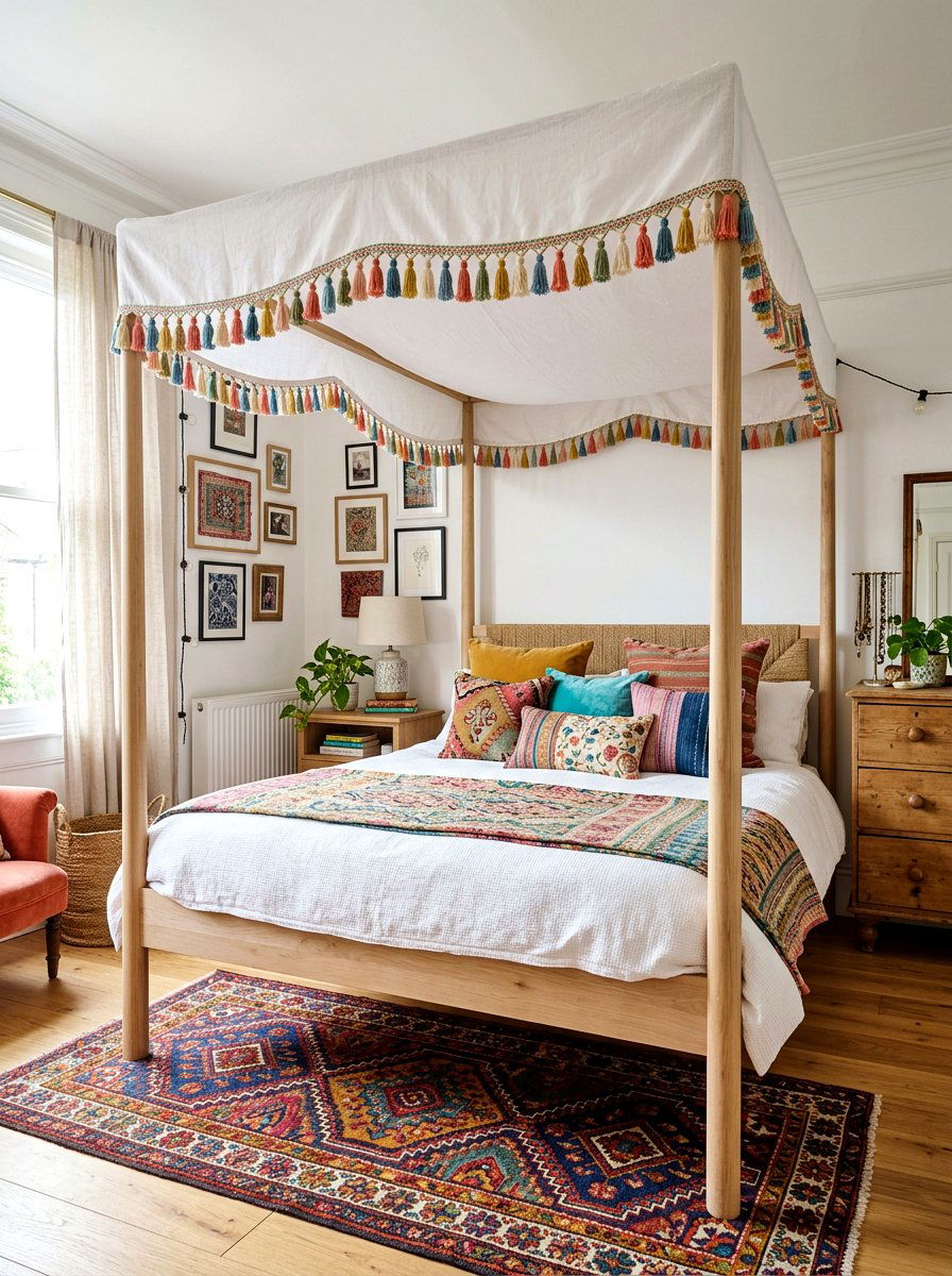 Tassel trim canopy fabric - 25 Spring Four Poster Bed Decor Ideas