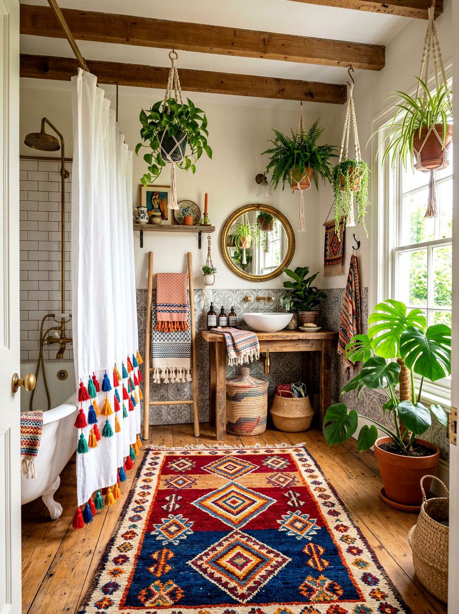 Tasseled Boho Bathroom - 25 Spring Shower Curtain Ideas