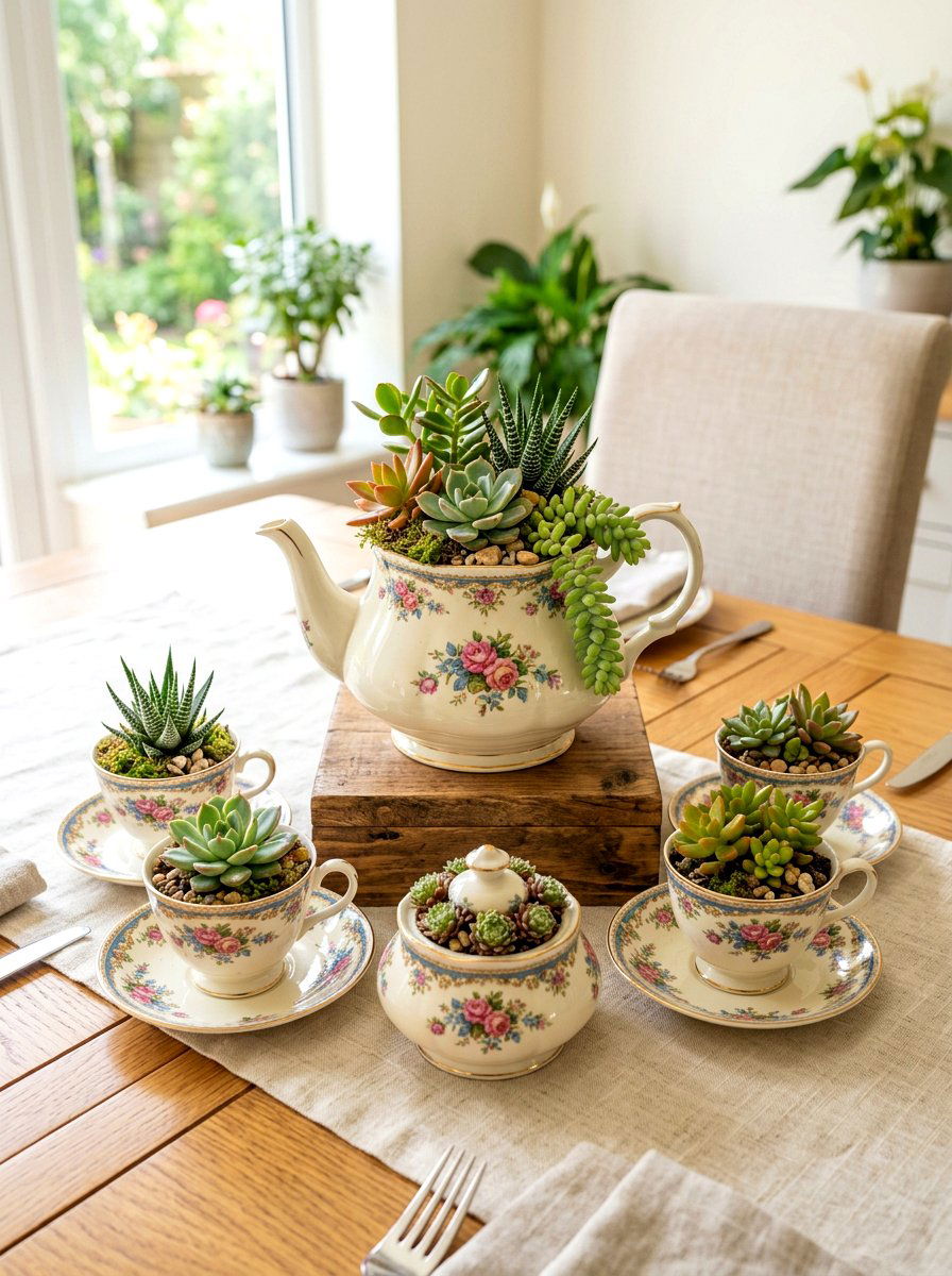 Tea set planter display - 25 Spring Teacup Planter Ideas