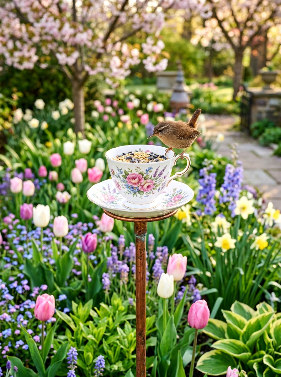 Teacup Bird Feeder - 25 Spring Garden Art Ideas