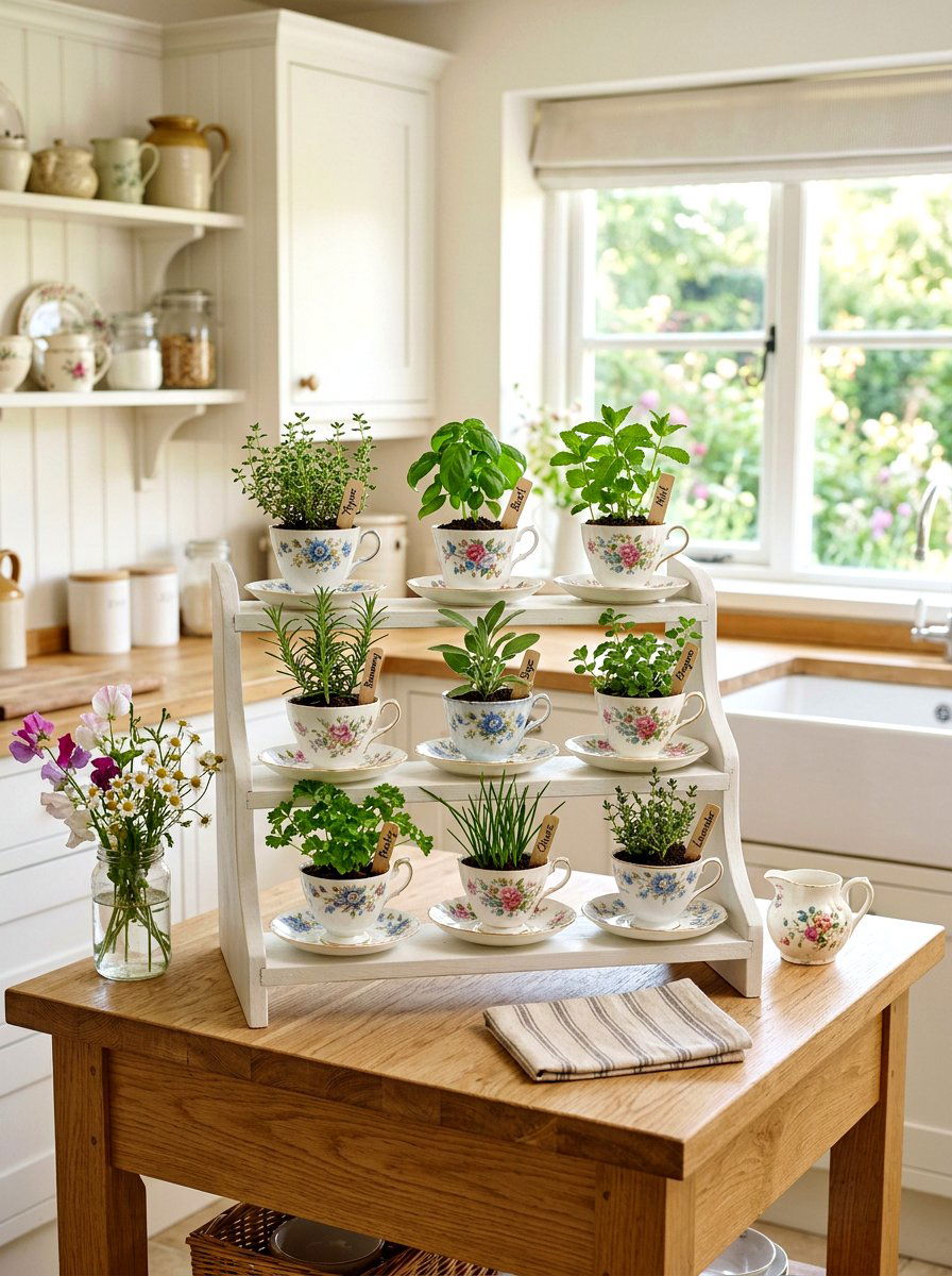 Teacup Herb Garden - 25 Spring Indoor Herb Display Ideas
