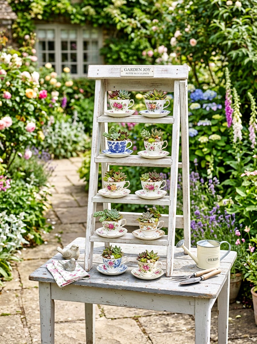 Teacup Planter Ladder Display - 25 Spring Garden Ladder Display Ideas