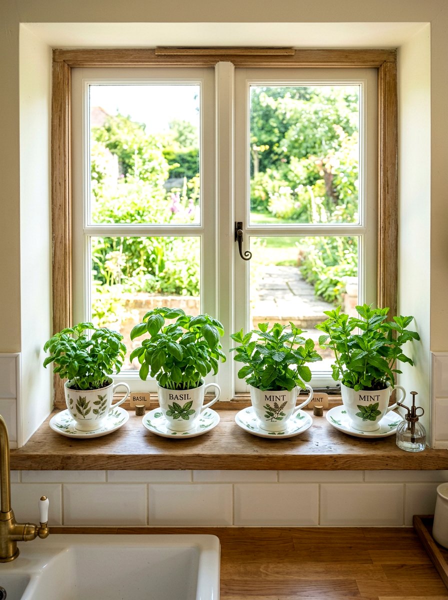 Teacup herb garden windowsill - 25 Spring Teacup Planter Ideas
