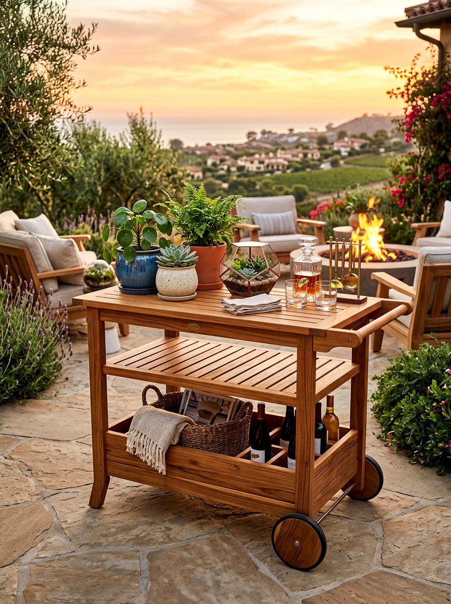 Teak Wood Outdoor Serving Cart - 25 Spring Garden Cart Display Ideas