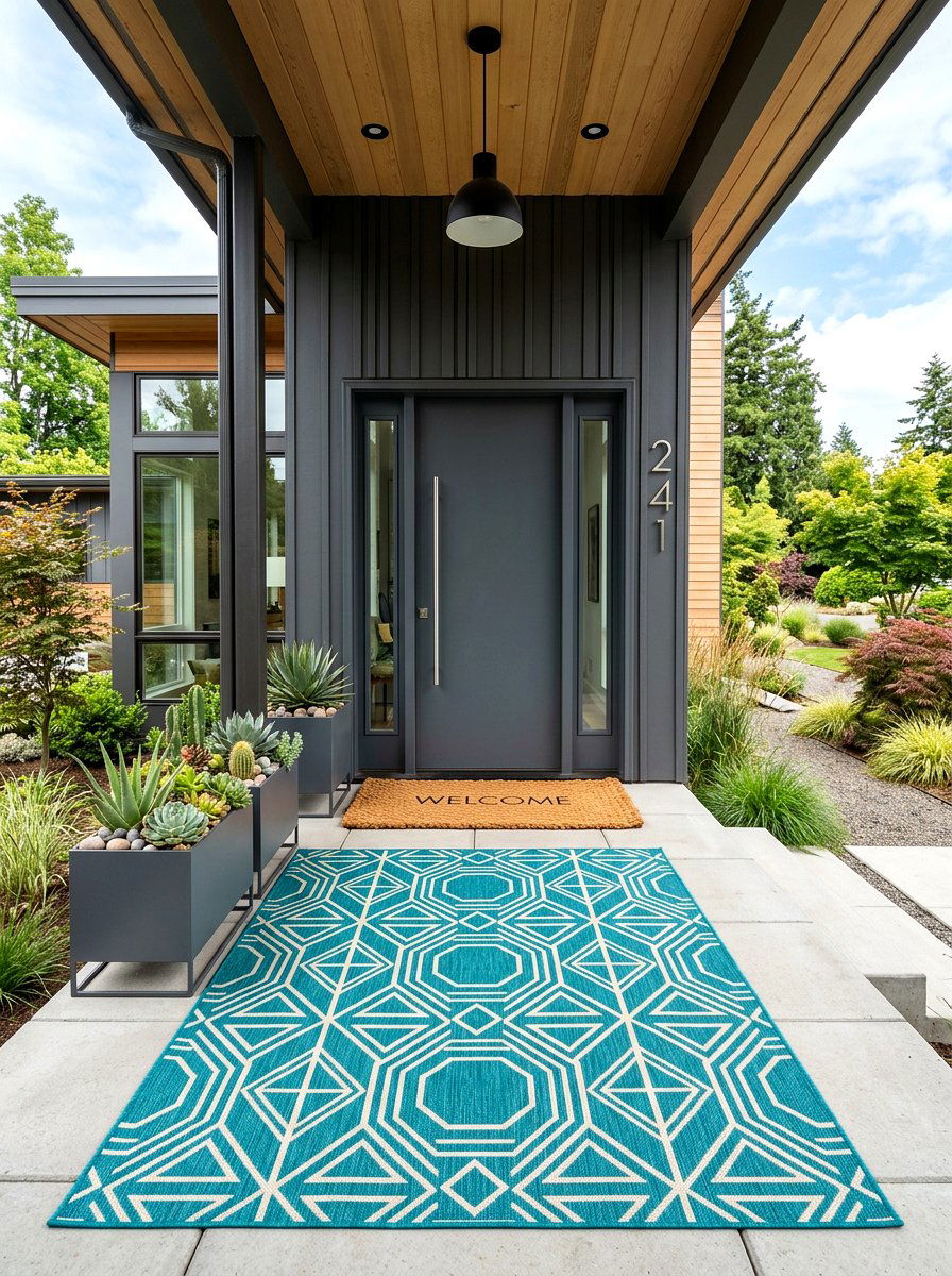Teal Geometric Porch Rug - 25 Spring Doormat Layering Ideas