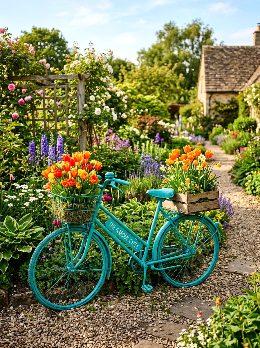 Teal Painted Bike Flower Bed - 25 Spring Bicycle Decor Ideas