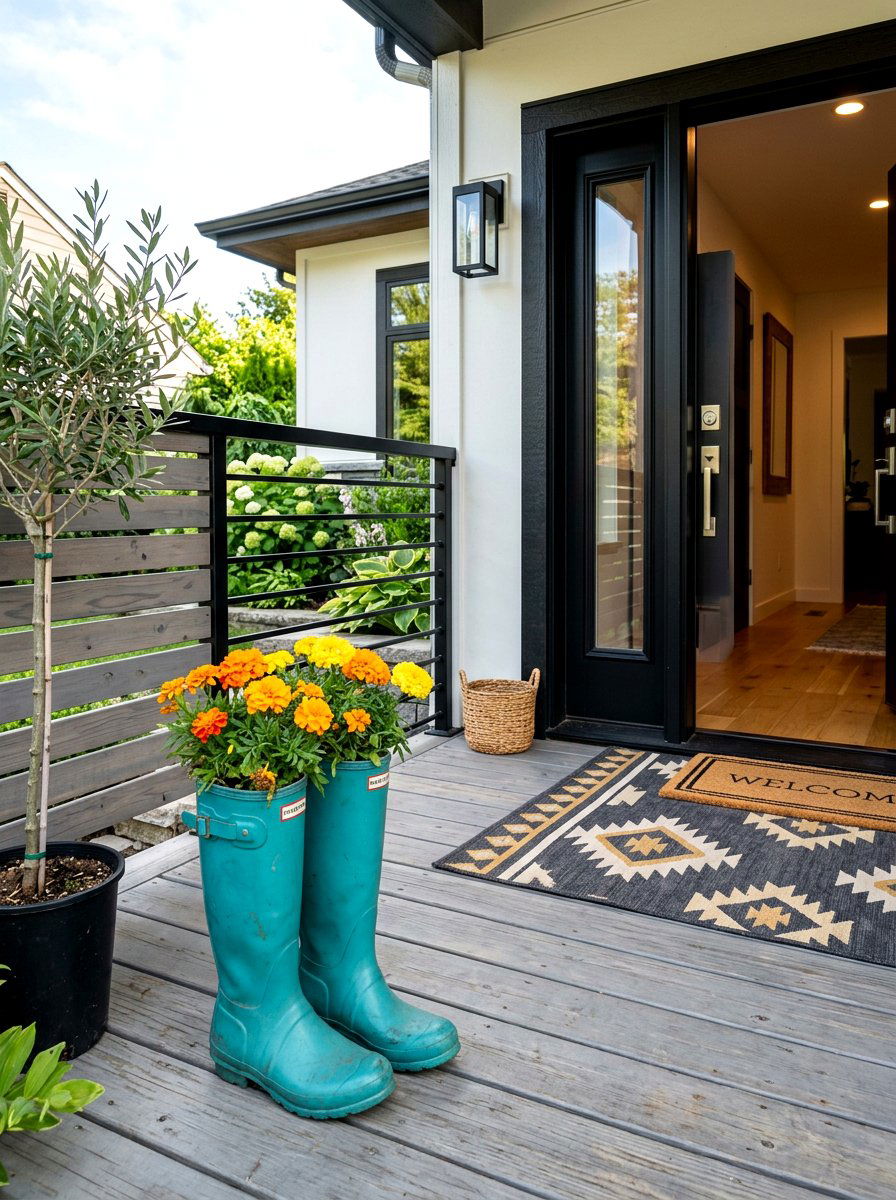Teal Rain Boot Porch - 25 Spring Boot Planter Ideas