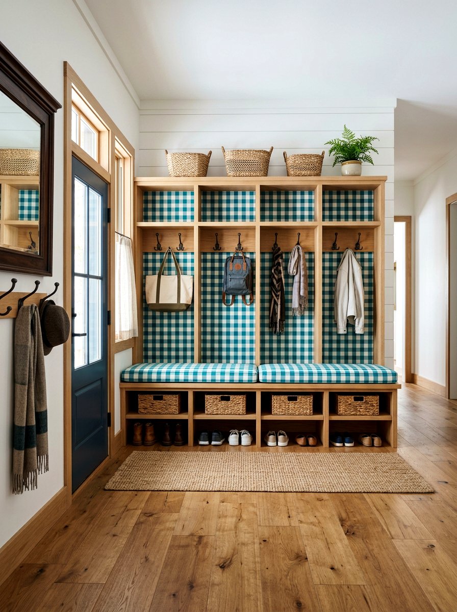 Teal gingham mudroom - 25 Spring Gingham Decor Ideas