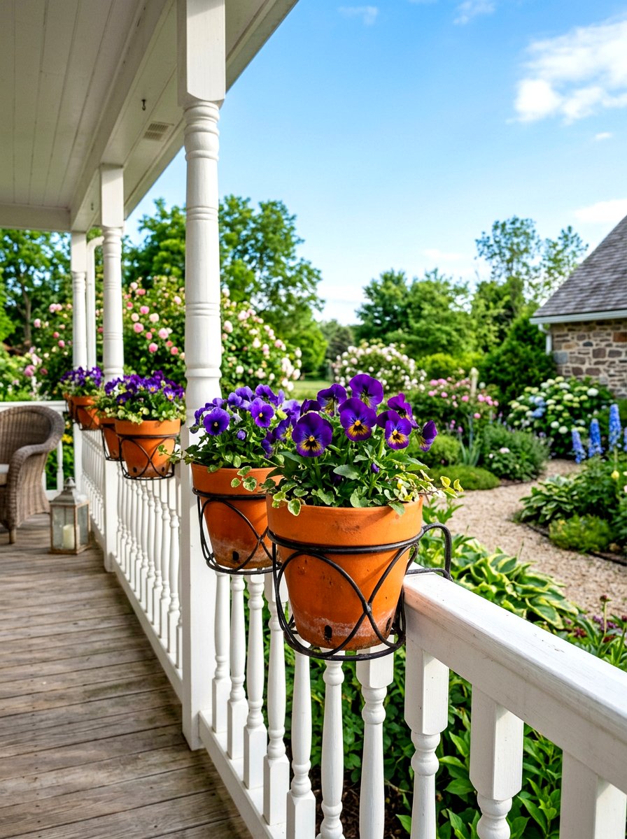 Terra cotta pots for railing - 25 Spring Porch Railing Decor Ideas