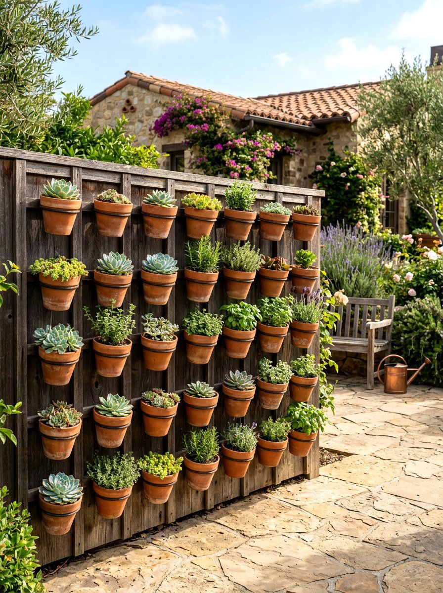 Terra cotta pots - 25 Spring Cottage Fence Decor Ideas