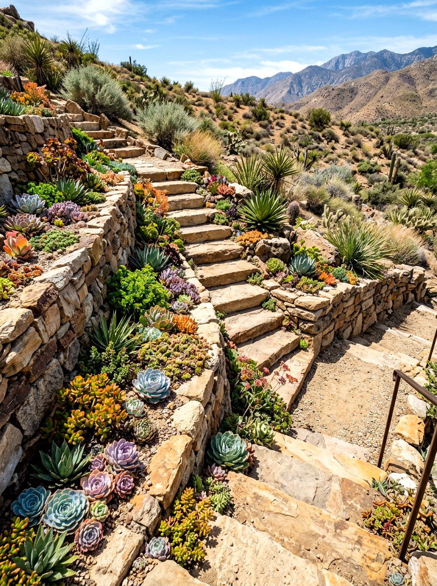 Terraced Garden Stairs Succulents - 25 Spring Garden Pathway Decor Ideas