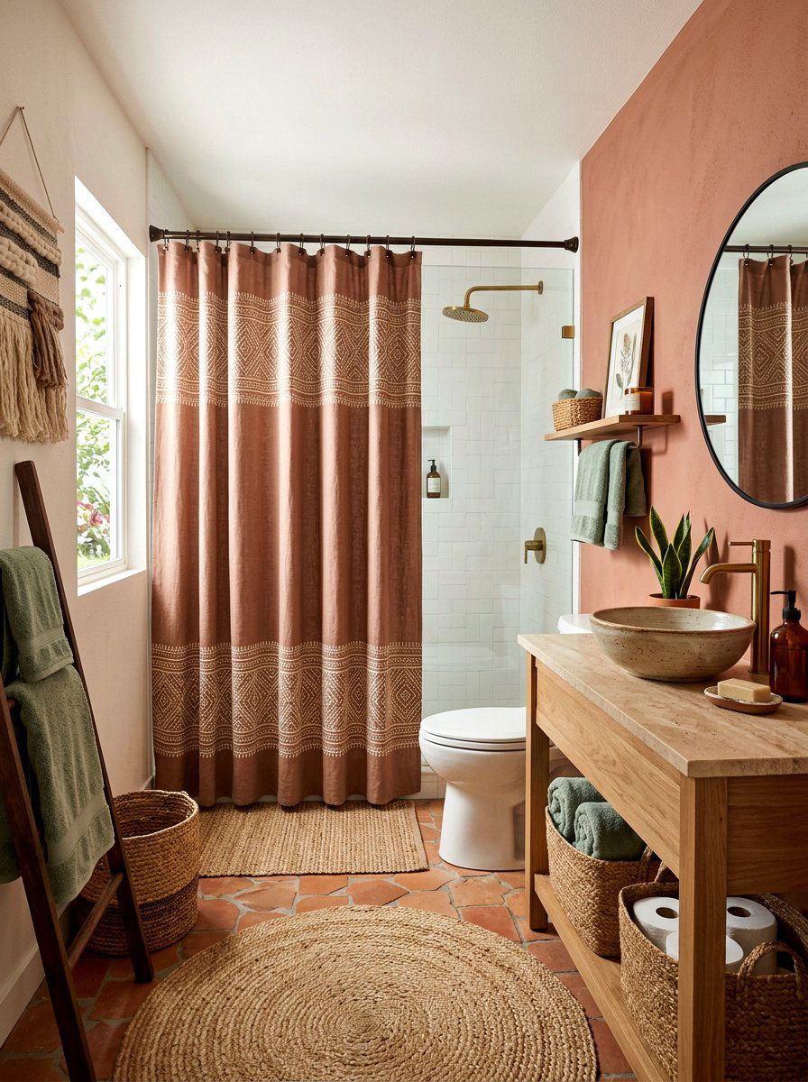 Terracotta Accent Bathroom - 25 Spring Shower Curtain Ideas