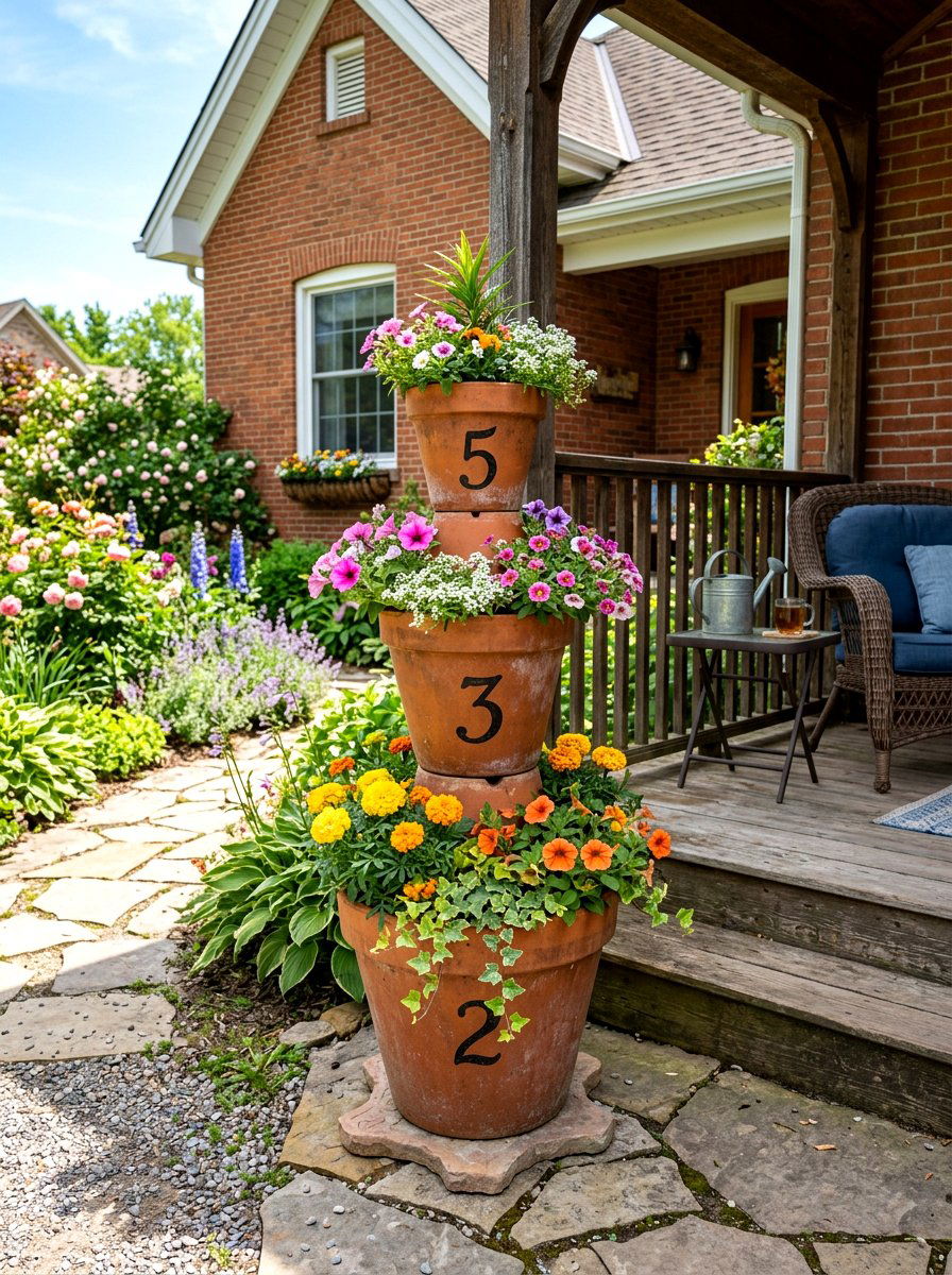 Terracotta Clay Pot Stacked Address Tower - 25 Spring Address Planter Ideas