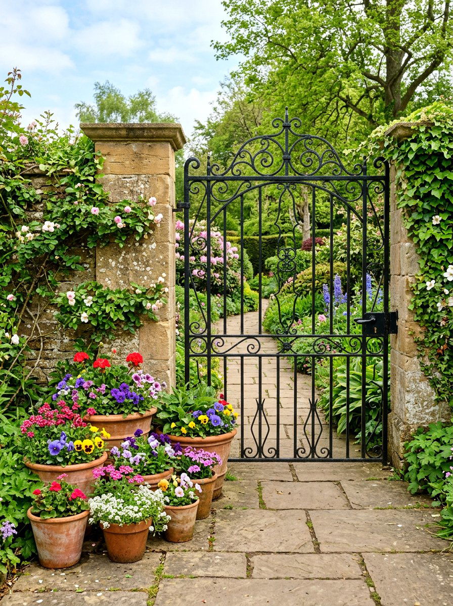 Terracotta Pot By Gate - 25 Spring Iron Gate Decor Ideas