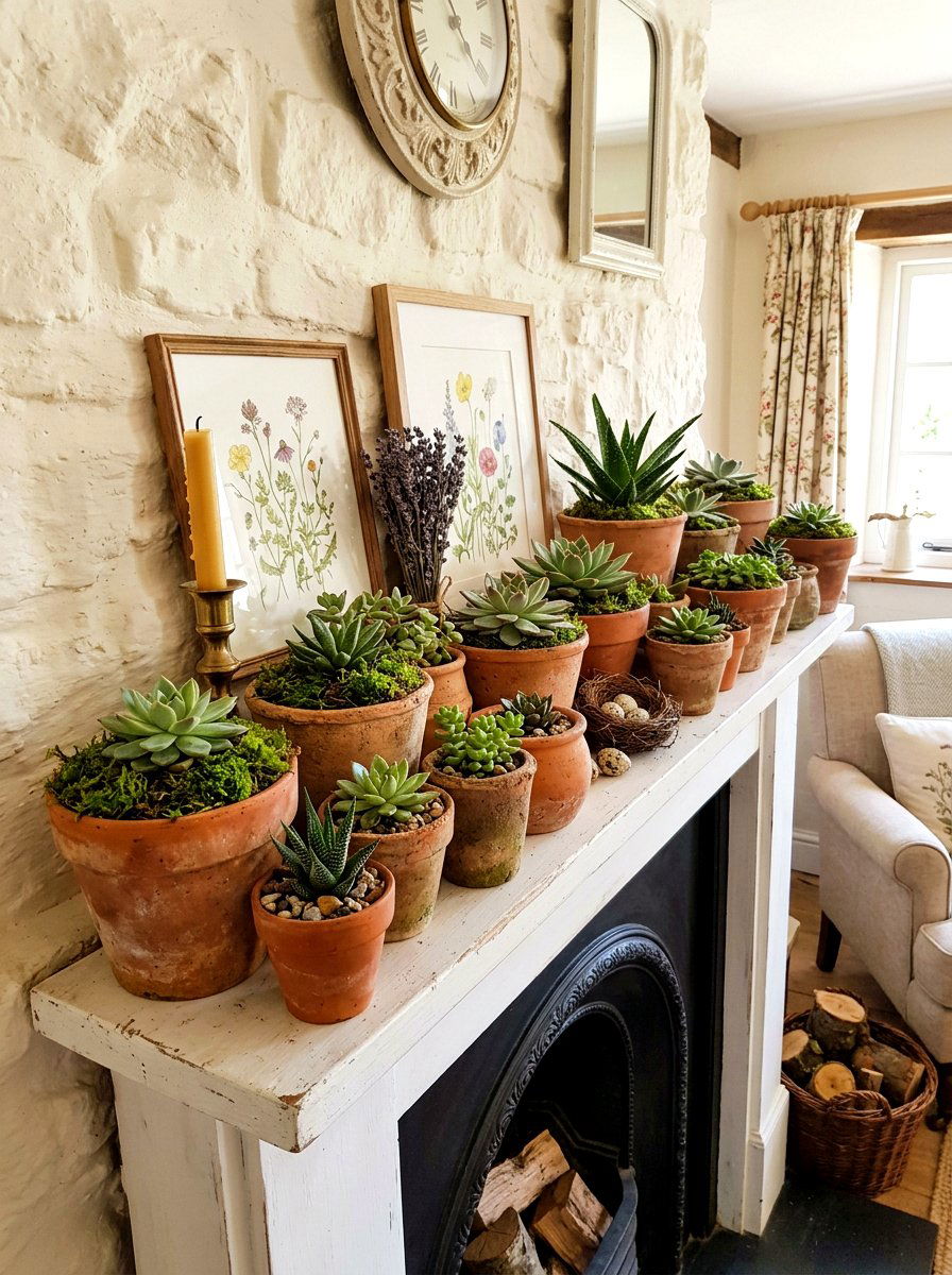 Terracotta Pot Display - 25 Spring Cottage Mantel Ideas