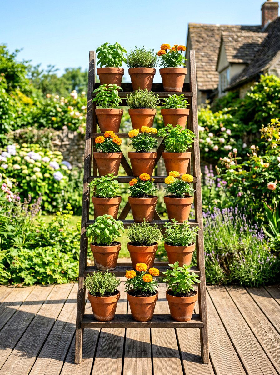 Terracotta Pot Ladder Stand - 25 Spring Garden Ladder Display Ideas