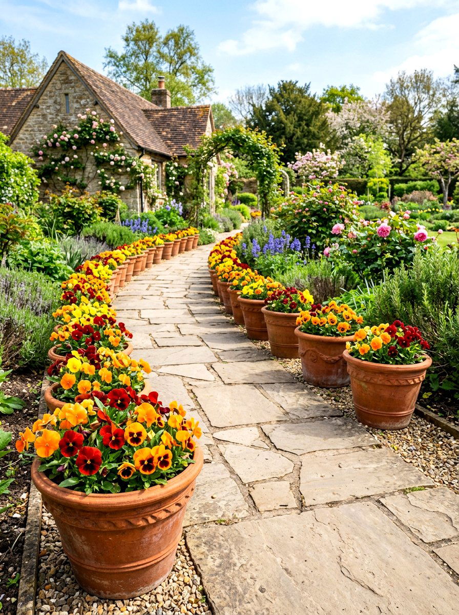 Terracotta Pot Lined Walkway - 25 Spring Pathway Decor Ideas