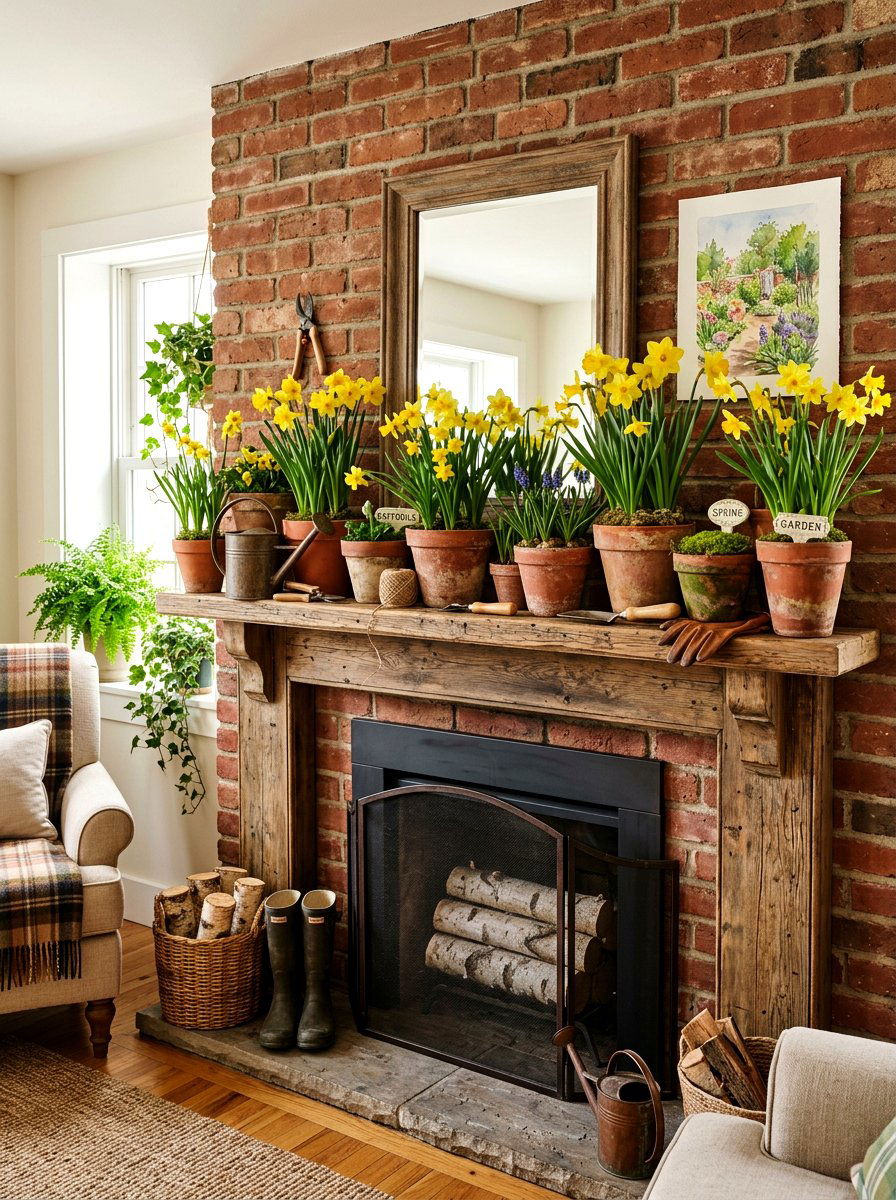 Terracotta Pot Spring Mantel - 25 Spring Rustic Mantel Ideas