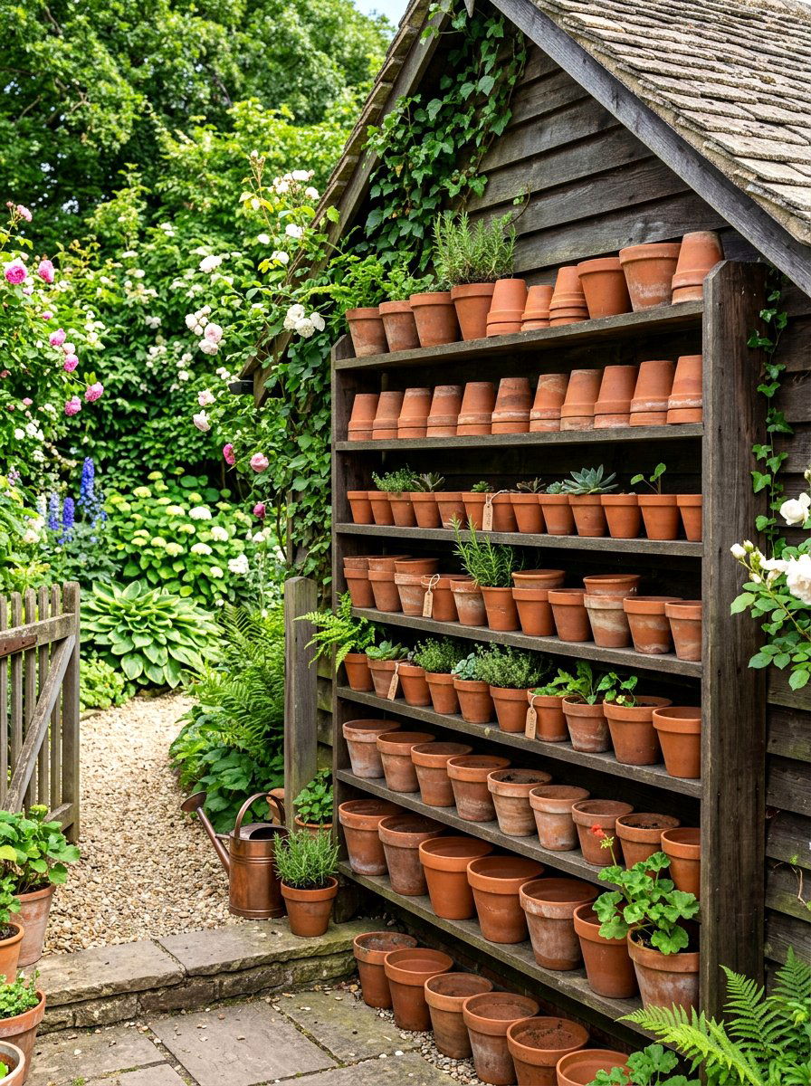Terracotta Pot Storage Wall - 25 Spring Potting Station Decor Ideas