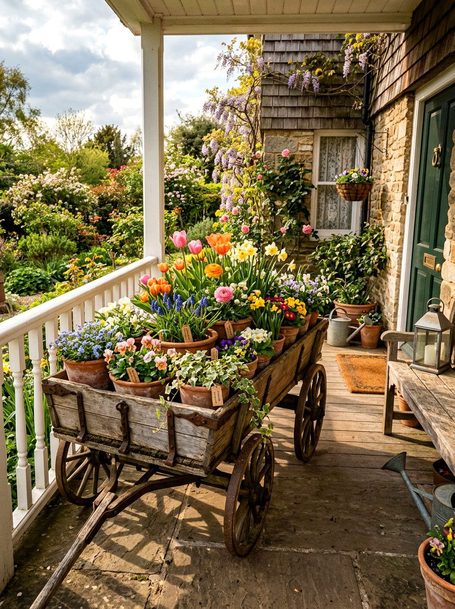 Terracotta Pot Wagon - 25 Spring Porch Wagon Decor Ideas