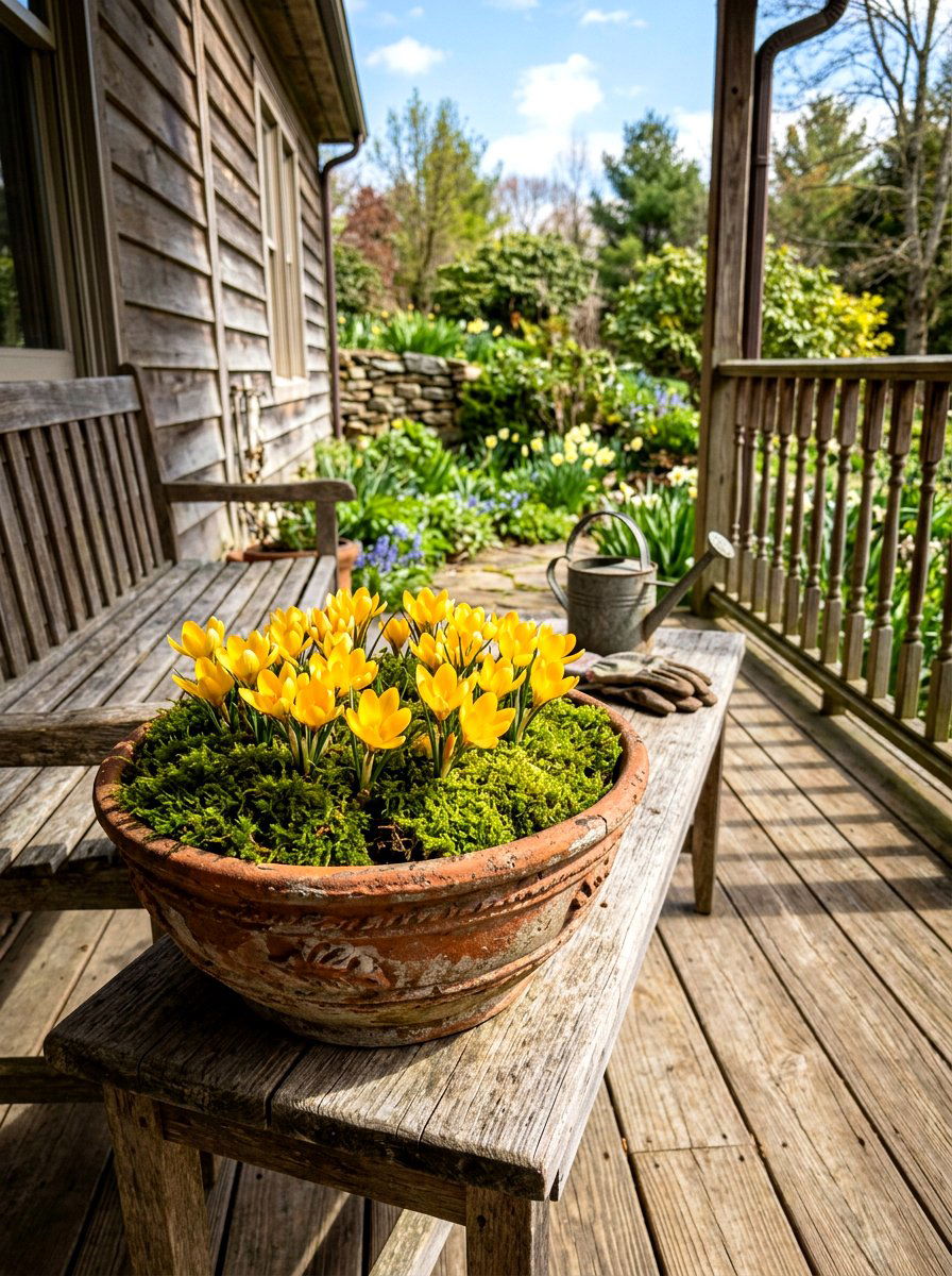 Terracotta bowl with moss - 25 Spring Crocus Bowl Ideas