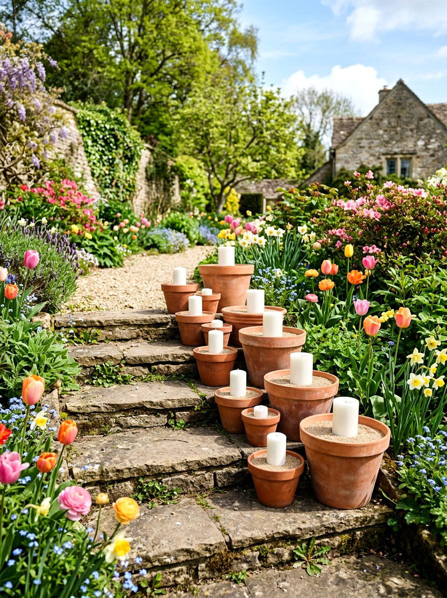 Terracotta candle display - 25 Spring Outdoor Candle Ideas