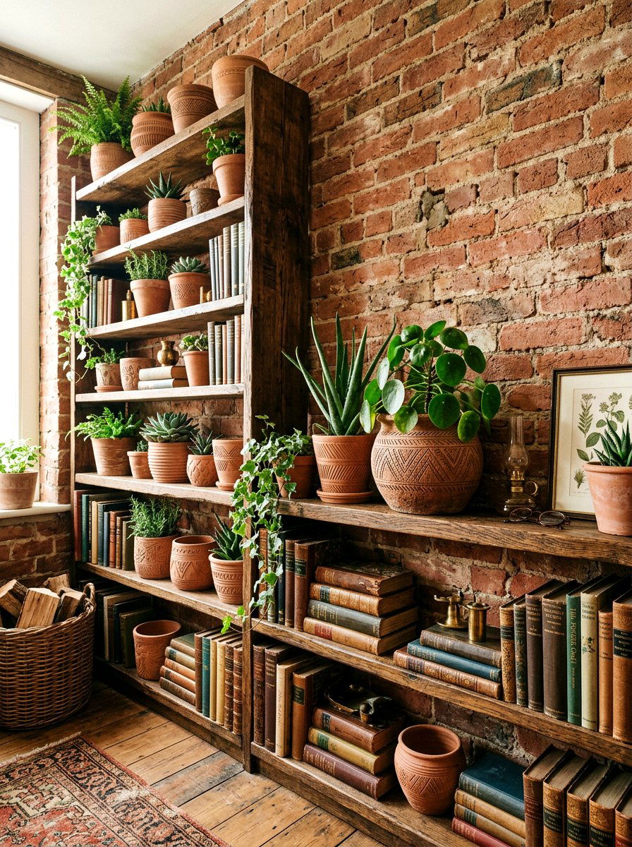 Terracotta clay pots - 25 Spring Bookshelf Decor Ideas