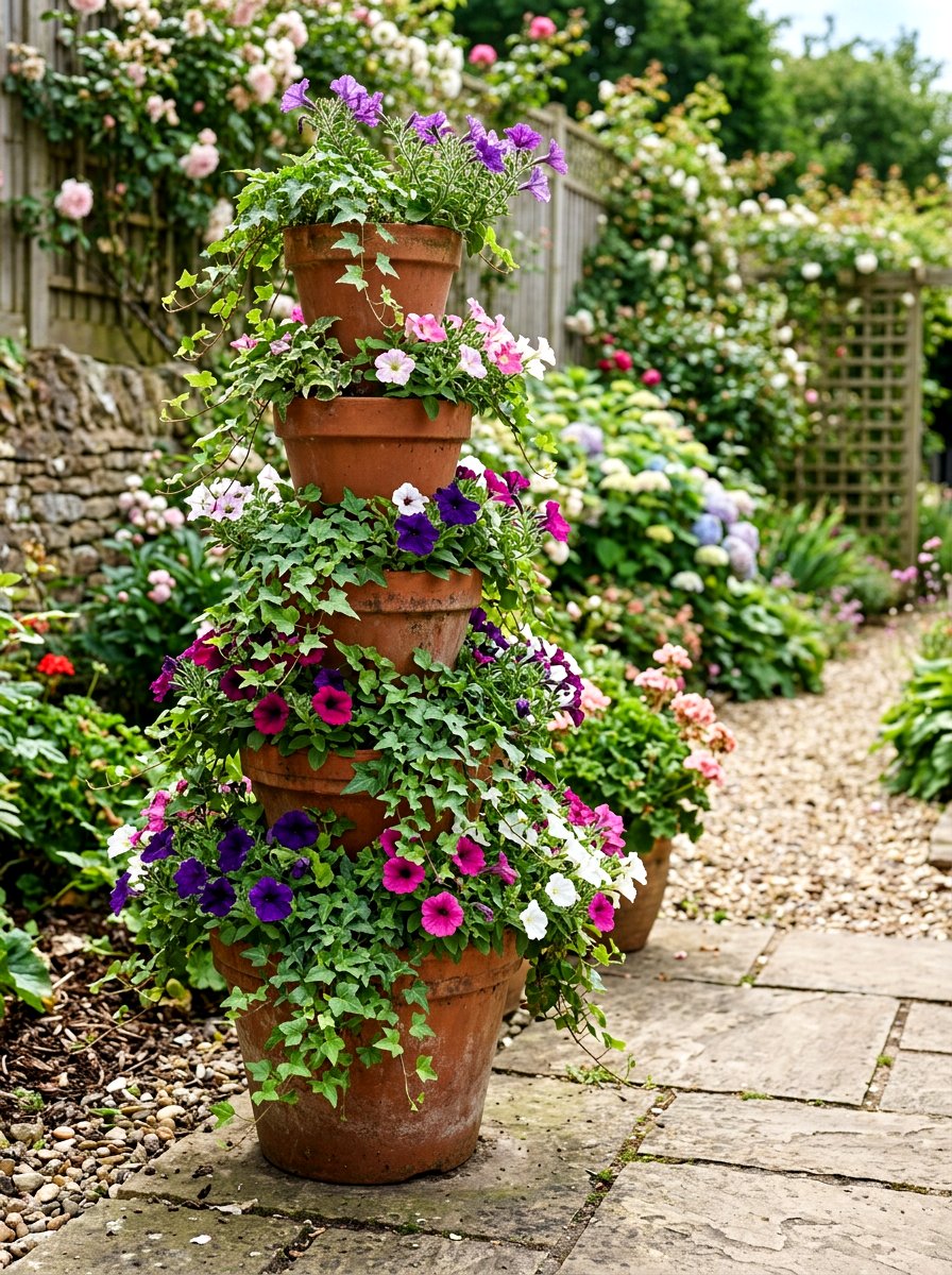 Terracotta flower tower - 25 Spring Porch Corner Decor Ideas