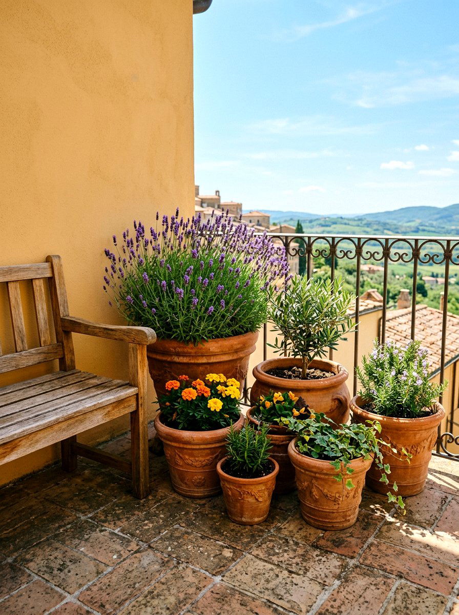 Terracotta pot cluster - 25 Spring Balcony Planter Ideas