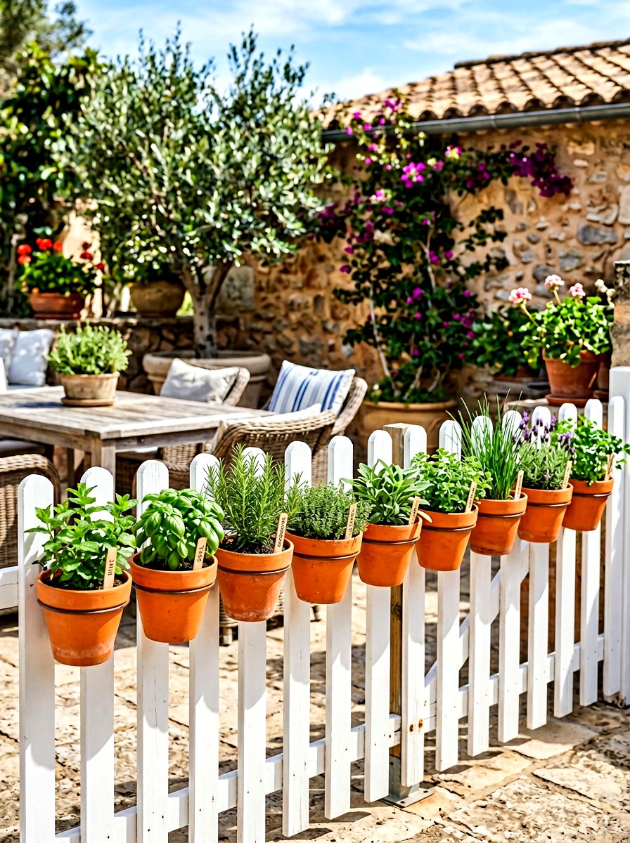 Terracotta pot fence clip - 25 Spring Picket Fence Planter Ideas