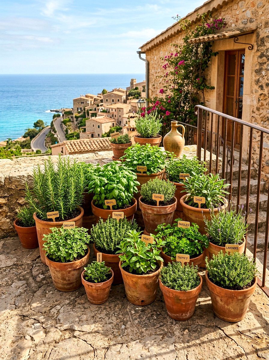 Terracotta pot herb collection - 25 Spring Balcony Herb Garden Ideas