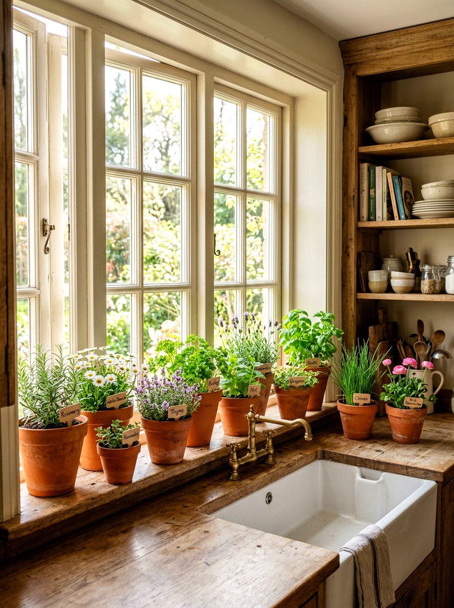 Terracotta pot plant display - 25 Spring Kitchen Window Decor Ideas