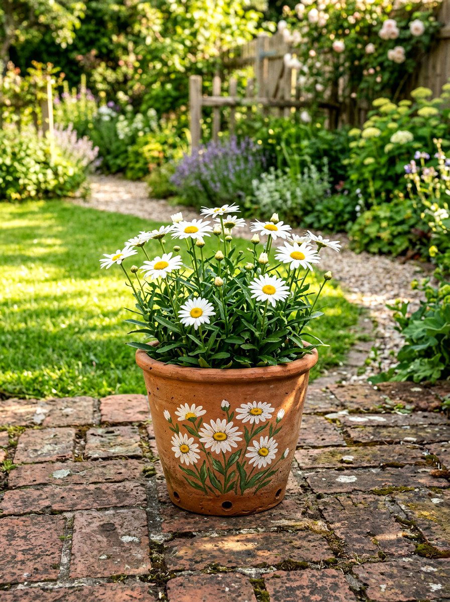 Terracotta pot with daisies - 25 Spring Pot Painting Ideas